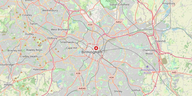 Map of Birmingham showing elevation marker – OpenStreetMap