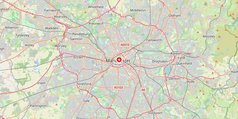 Map of Manchester showing elevation marker – OpenStreetMap