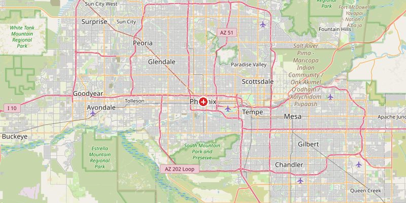 Map of Phoenix showing elevation marker – OpenStreetMap