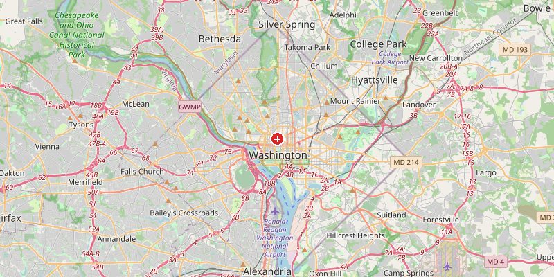 Map of Washington D.C. showing elevation marker – OpenStreetMap